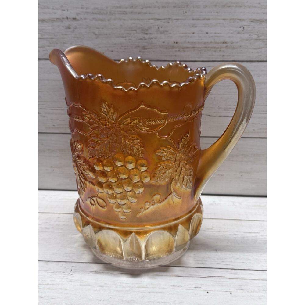 Antique NORTHWOOD GRAPE & CABLE Marigold Carnival Glass Handled Pitcher c.1910